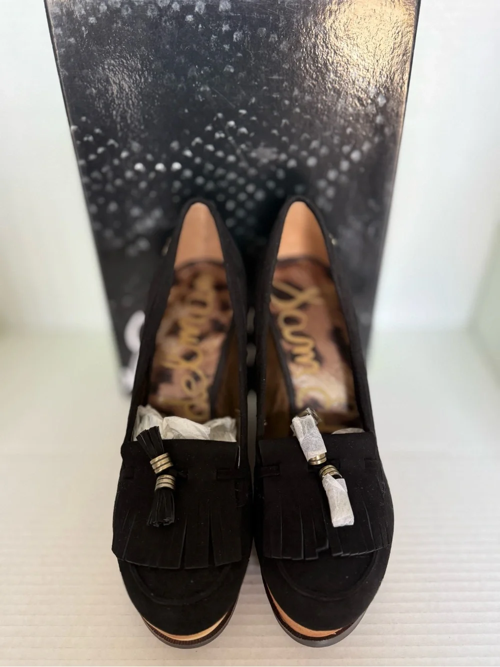 Sam Edelman Black Suede Wedge Loafers with Tassel